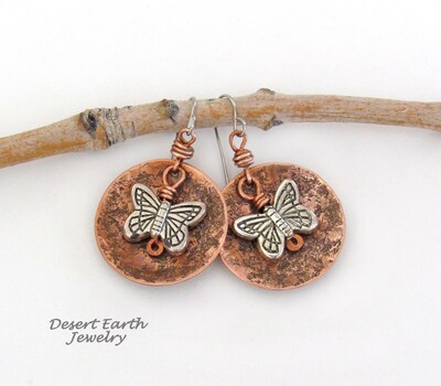 Round Copper Dangle Earrings with Silver Tone Butterflies - Earthy Nature Jewelry Gifts for Women and Teen Girls - image2